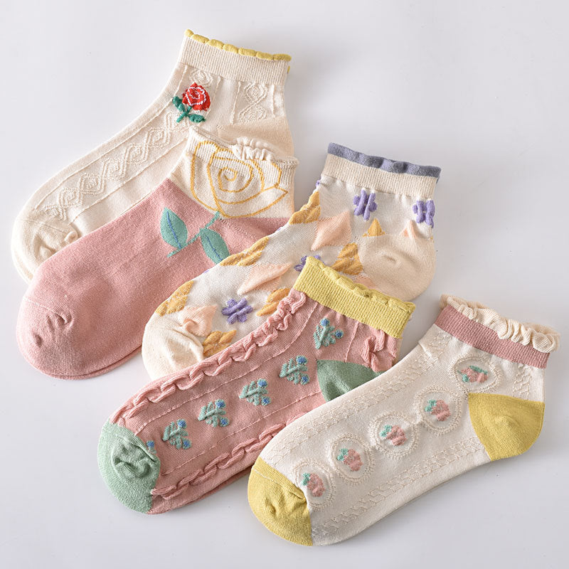5-Pack Floral Elegance: Premium Knitted Cotton Low Cut Socks
