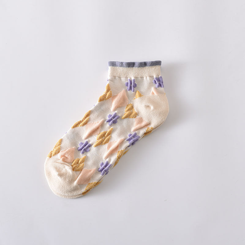 5-Pack Floral Elegance: Premium Knitted Cotton Low Cut Socks