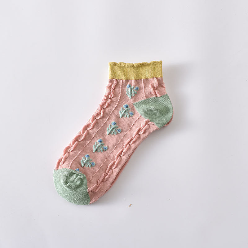 5-Pack Floral Elegance: Premium Knitted Cotton Low Cut Socks