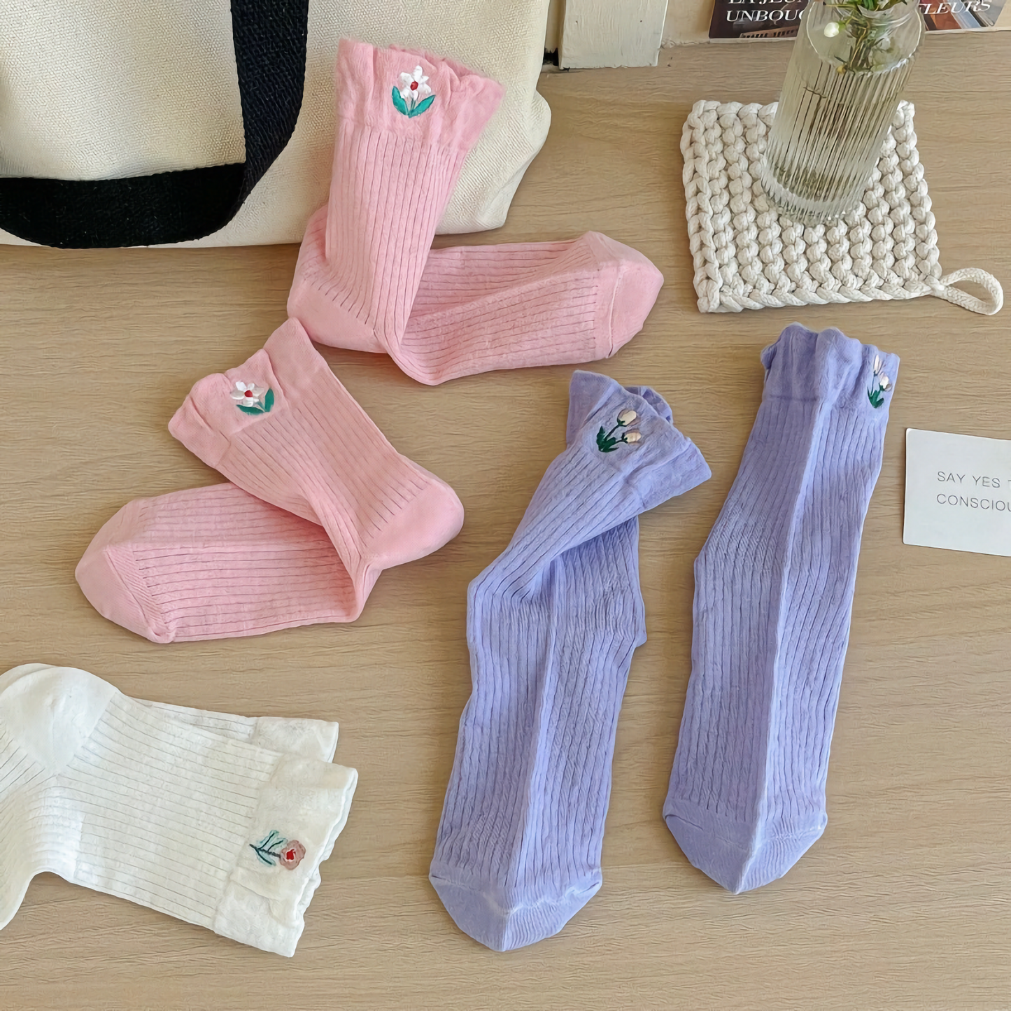 2-Pack Thin Solid Color Women's Socks with Floral Embroidery