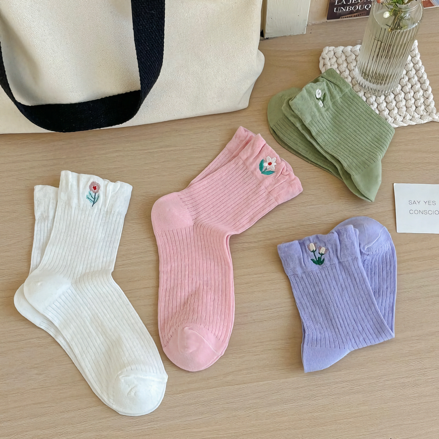 2-Pack Thin Solid Color Women's Socks with Floral Embroidery