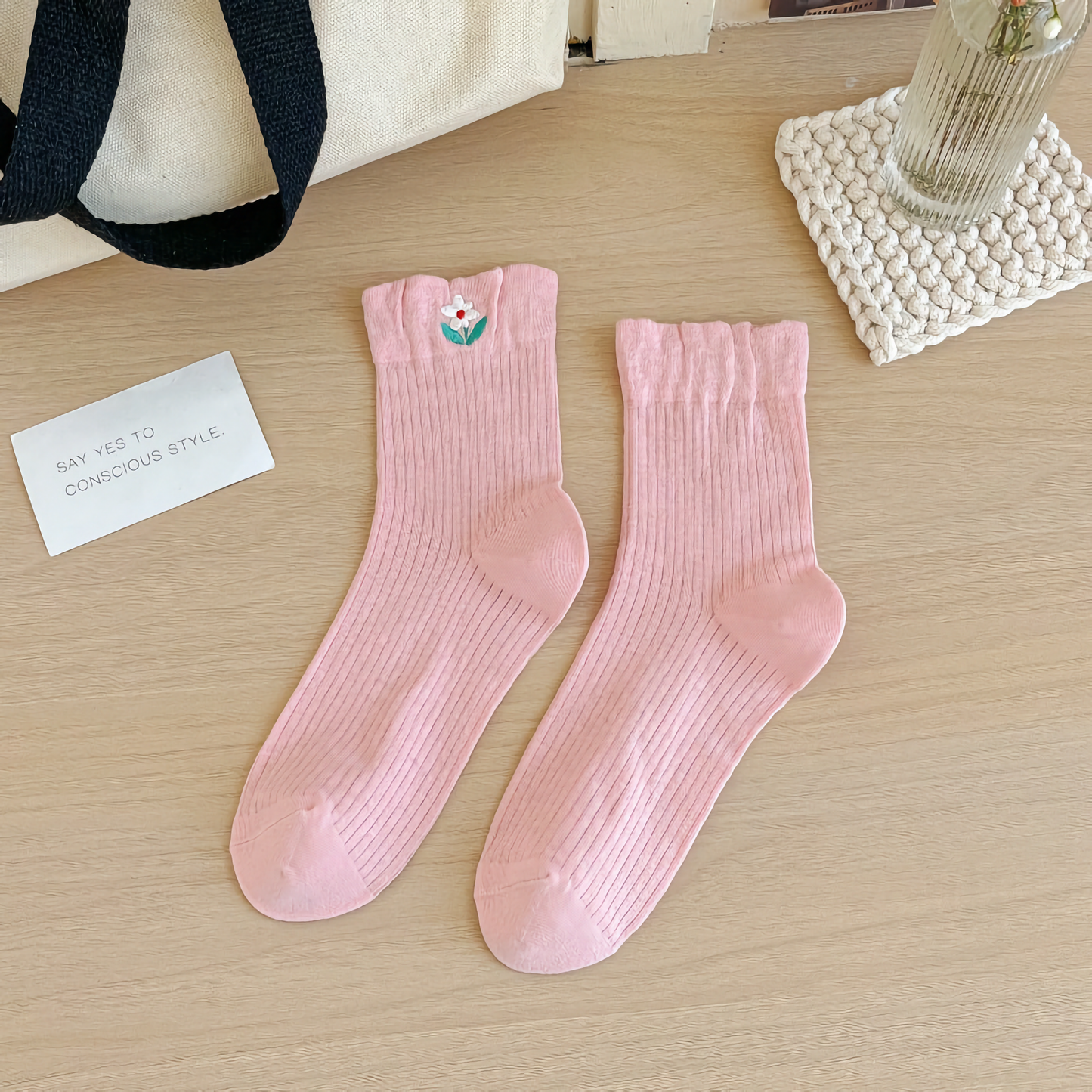 2-Pack Thin Solid Color Women's Socks with Floral Embroidery