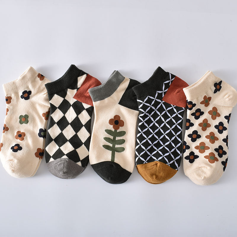 5-Pack Floral Ankle Socks: Knitted Cotton Low Cut Elegance