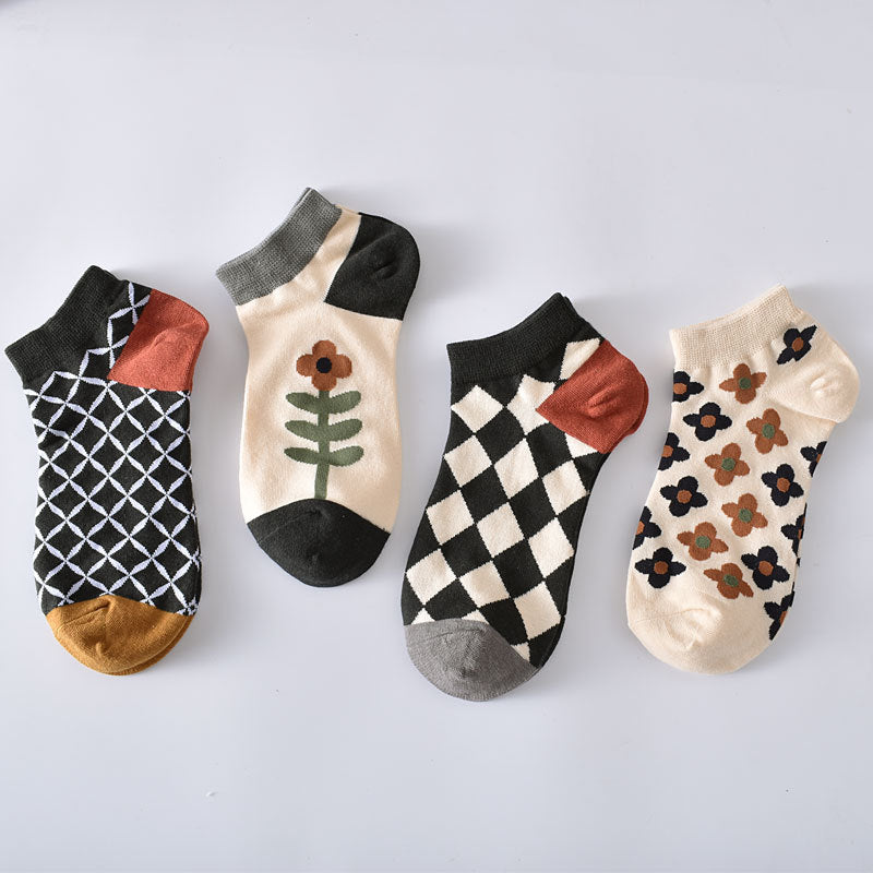 5-Pack Floral Ankle Socks: Knitted Cotton Low Cut Elegance