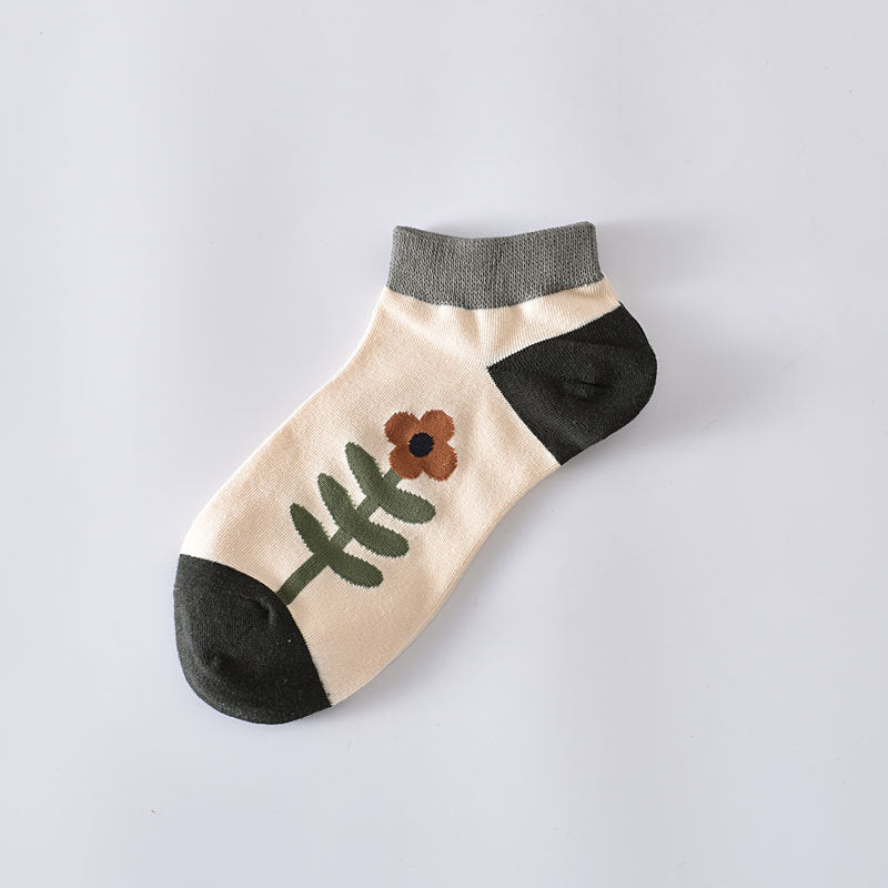 5-Pack Floral Ankle Socks: Knitted Cotton Low Cut Elegance