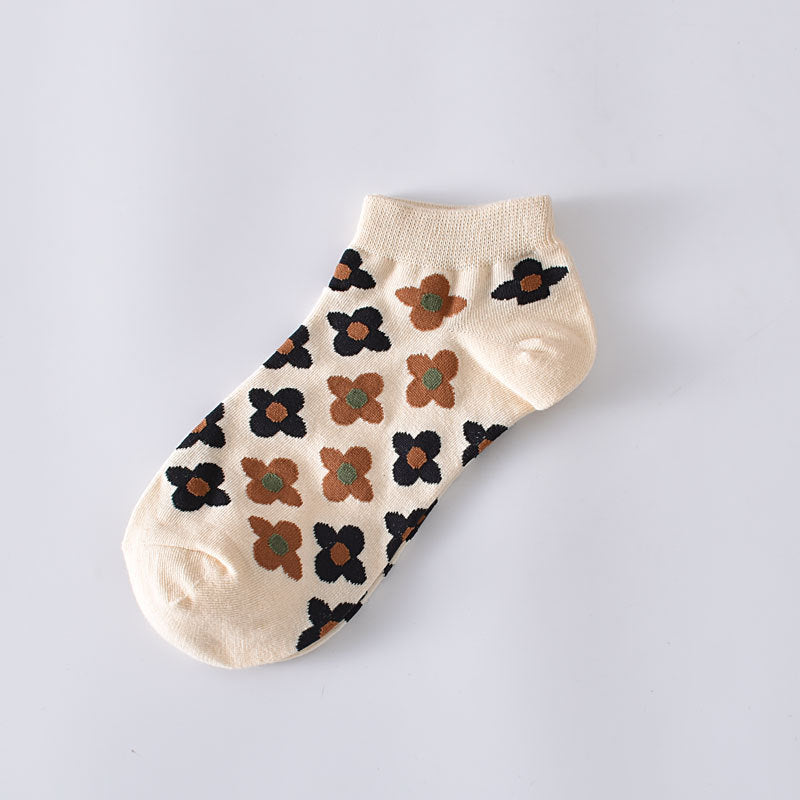 5-Pack Floral Ankle Socks: Knitted Cotton Low Cut Elegance