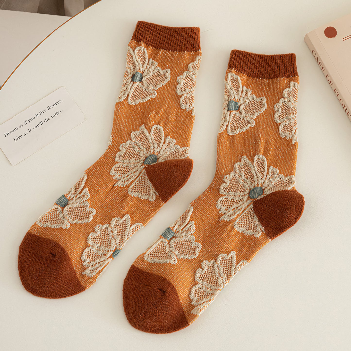2-Pack Winter Wool Crew Socks with Floral Design for Women