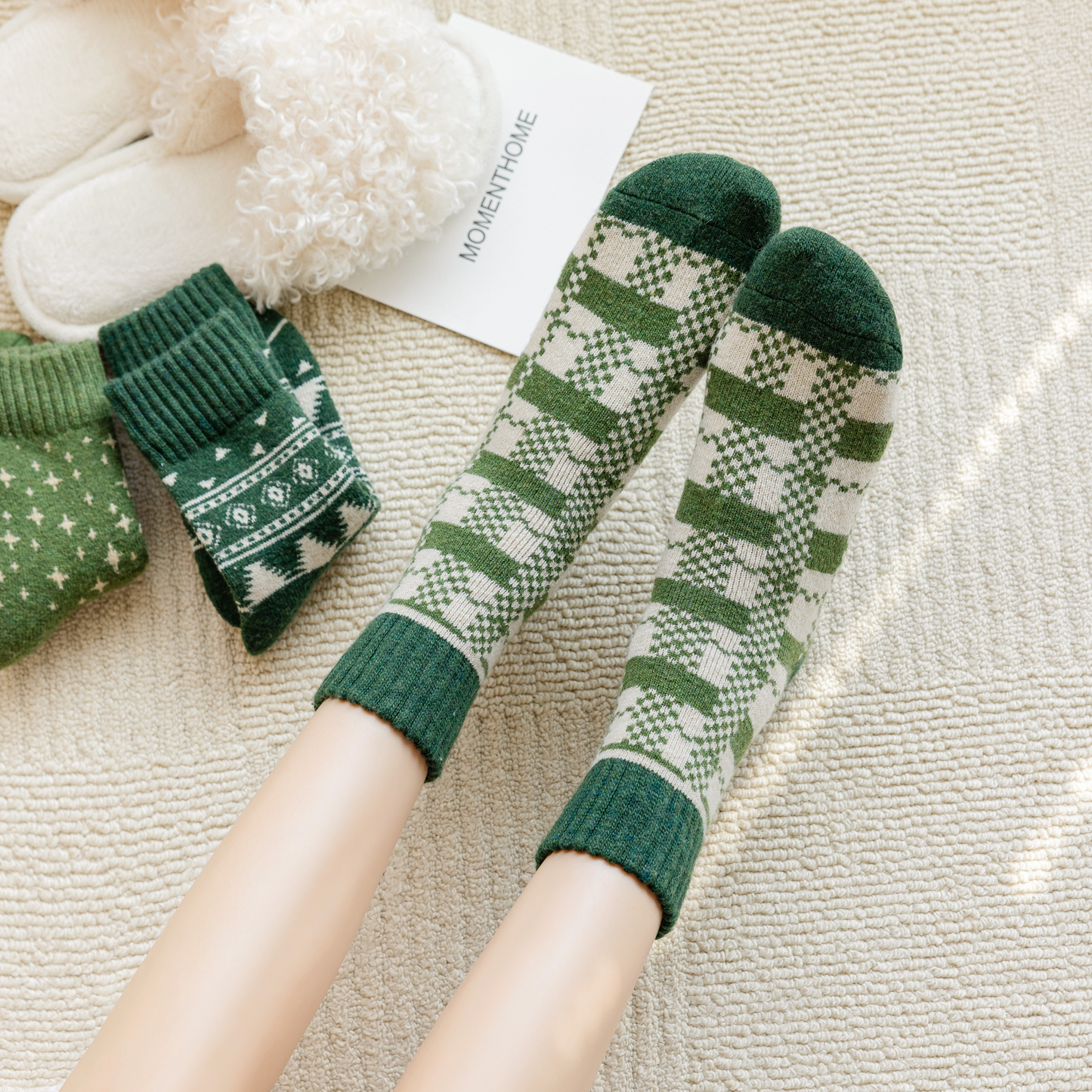 2-Pack Green Wool Christmas Socks for Women - Thick & Warm