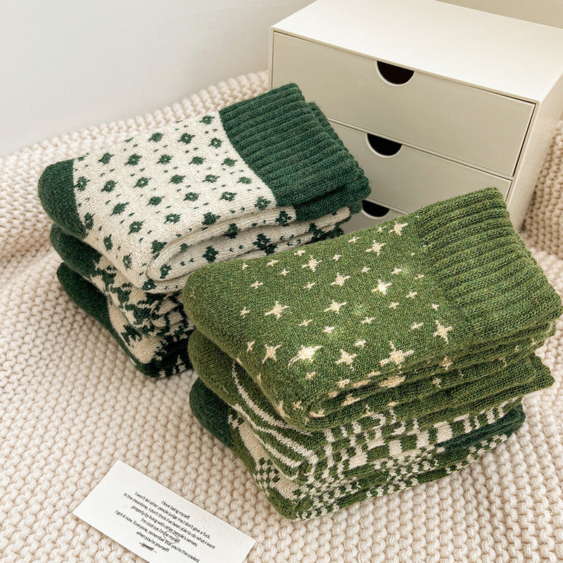 2-Pack Green Wool Christmas Socks for Women - Thick & Warm