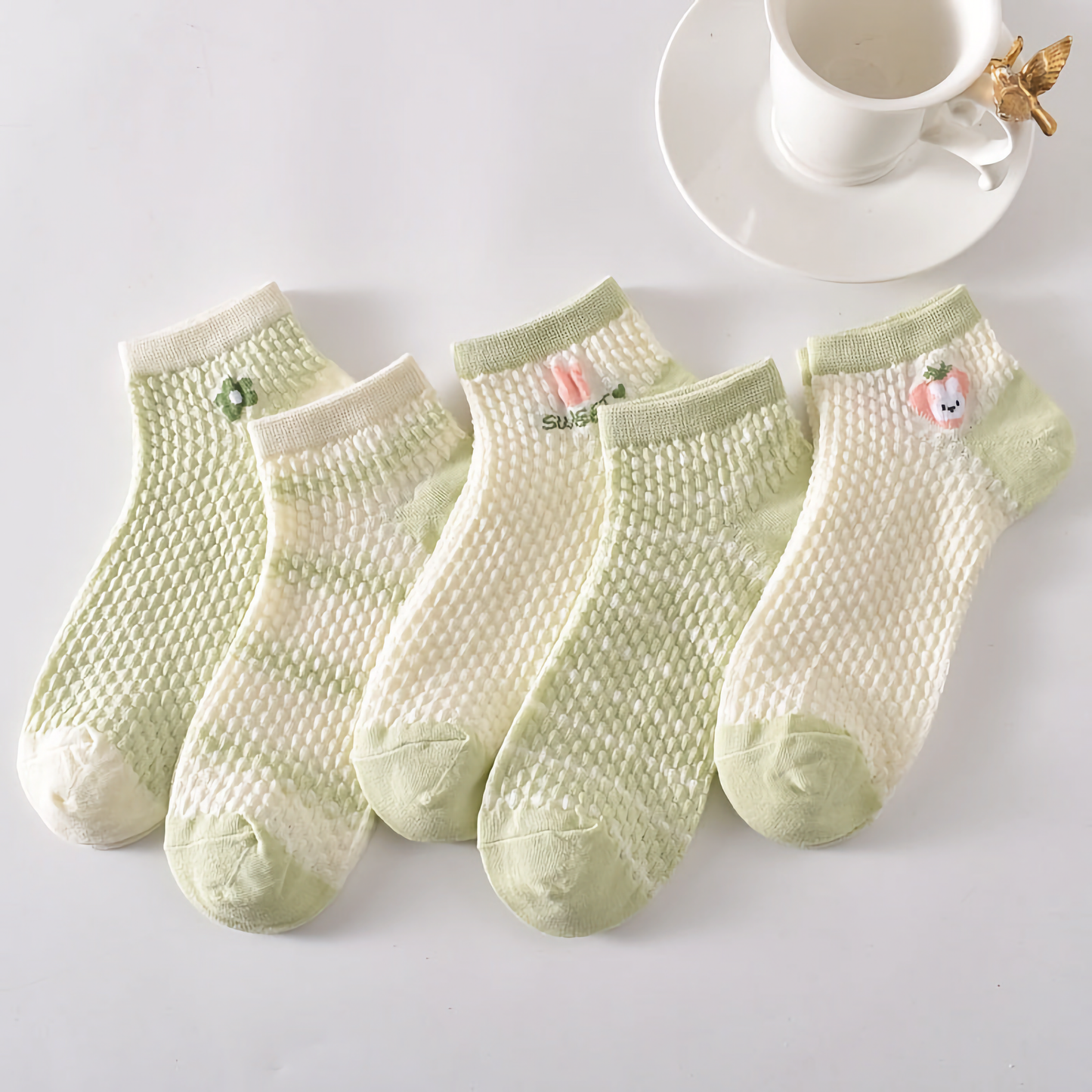 5-Pack Spring/Summer Green Ankle Socks with Rabbit Pattern