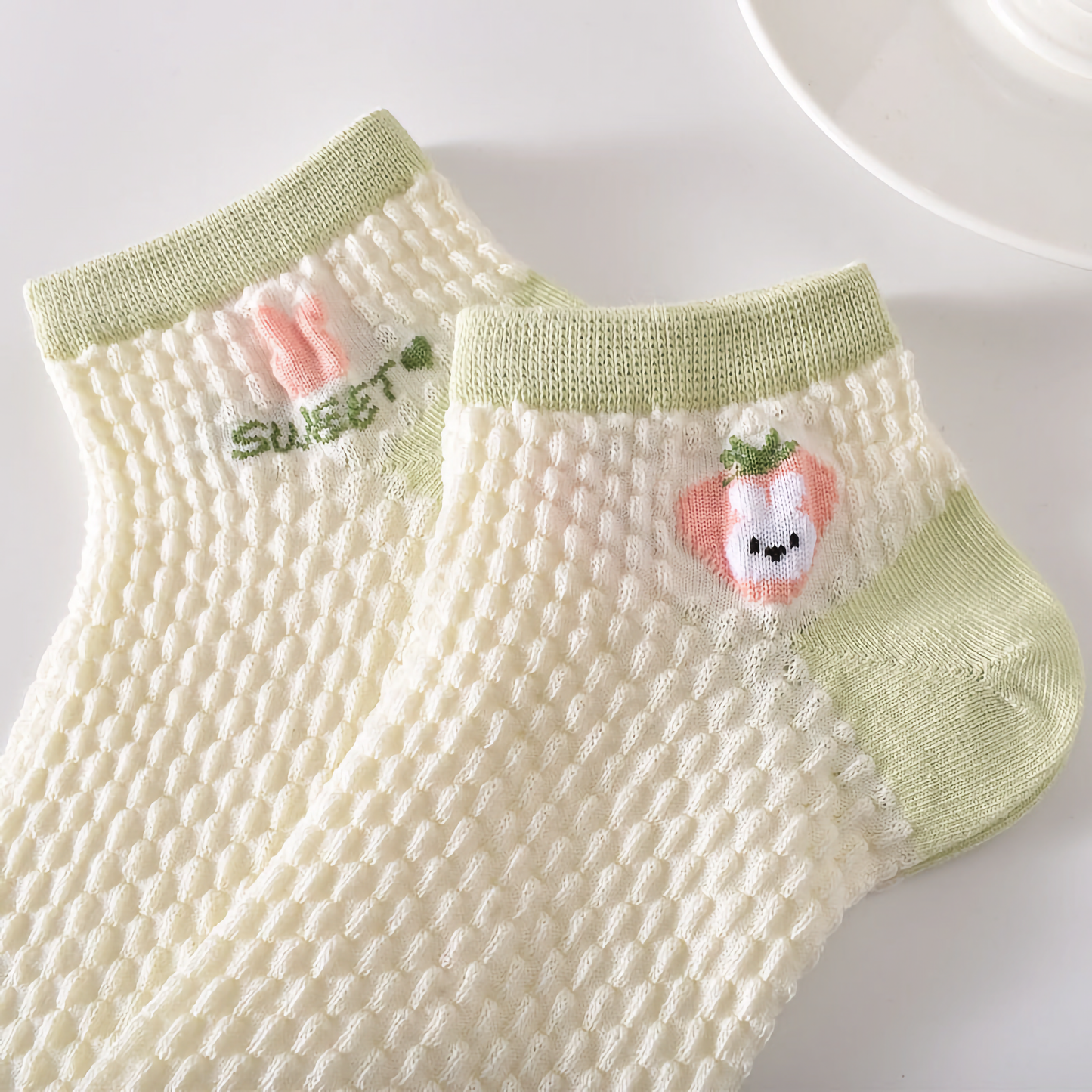 5-Pack Spring/Summer Green Ankle Socks with Rabbit Pattern