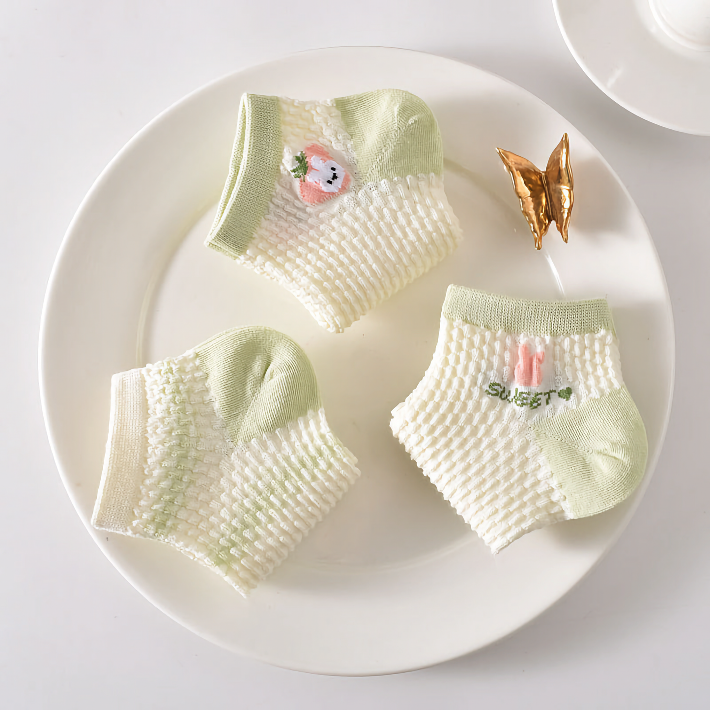 5-Pack Spring/Summer Green Ankle Socks with Rabbit Pattern