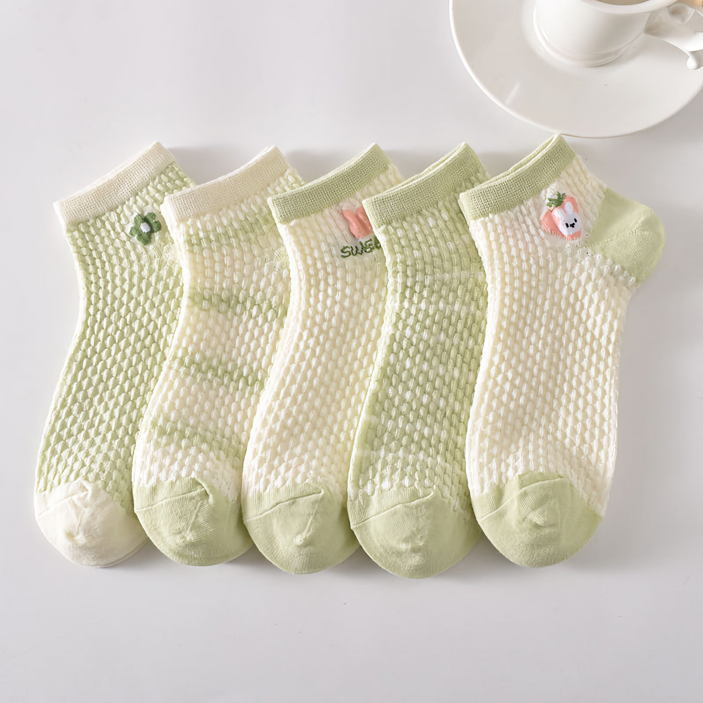 5-Pack Spring/Summer Green Ankle Socks with Rabbit Pattern