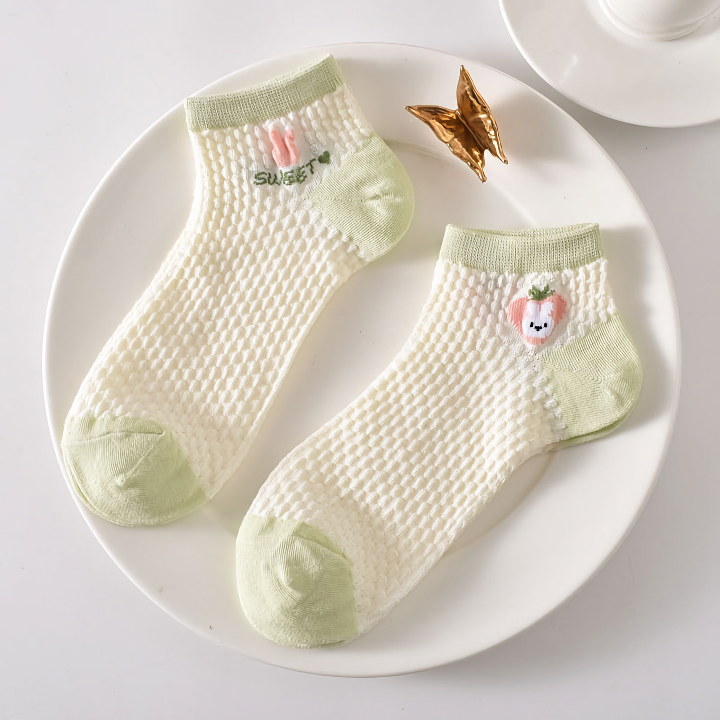 5-Pack Spring/Summer Green Ankle Socks with Rabbit Pattern