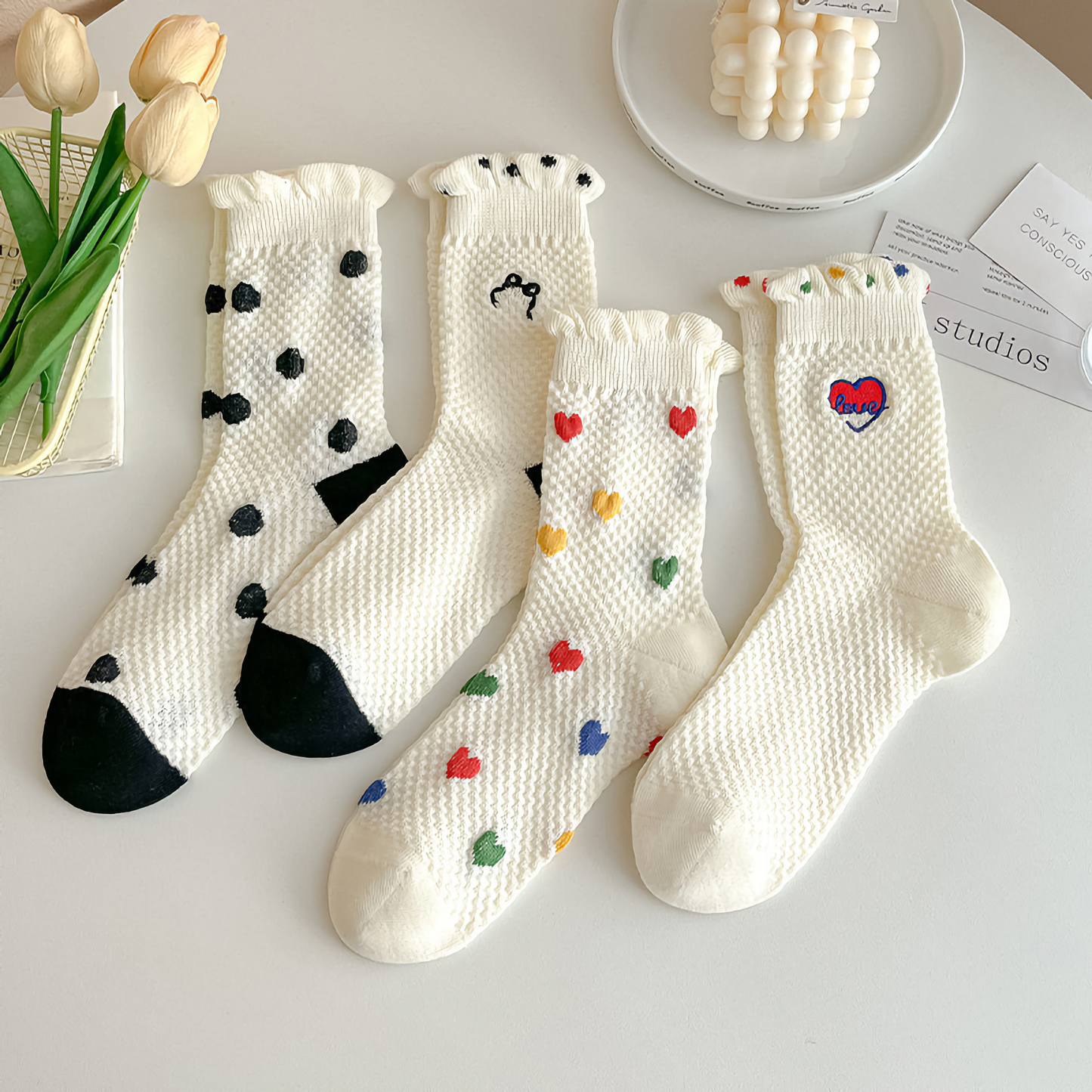 Cute Heart & Polka Dot Women's Cotton Socks - Versatile Style
