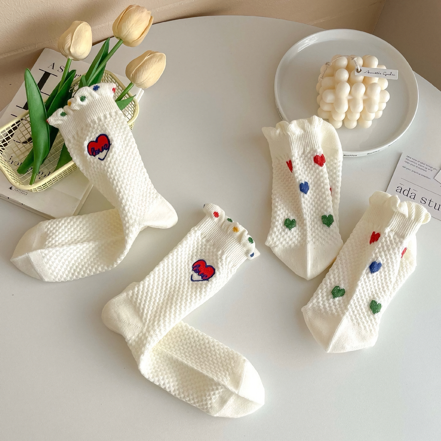 Cute Heart & Polka Dot Women's Cotton Socks - Versatile Style