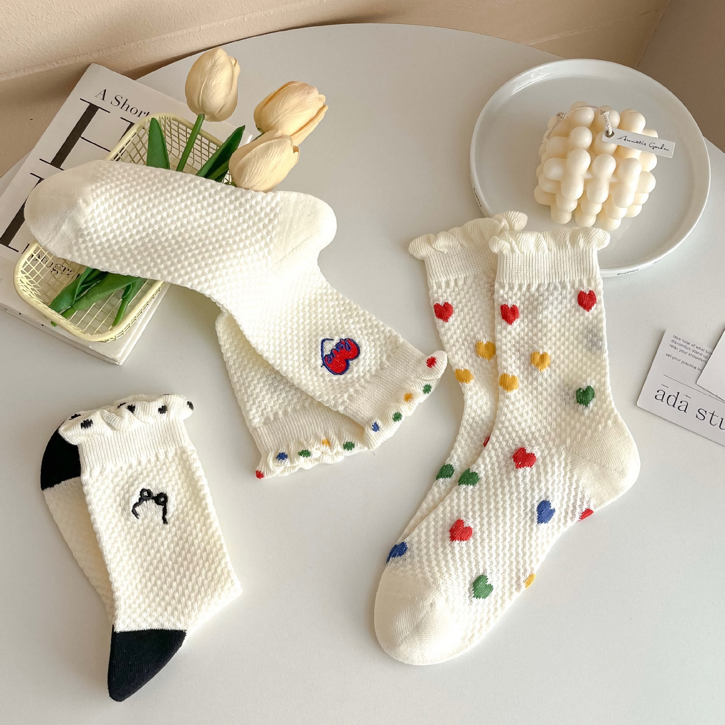 Cute Heart & Polka Dot Women's Cotton Socks - Versatile Style