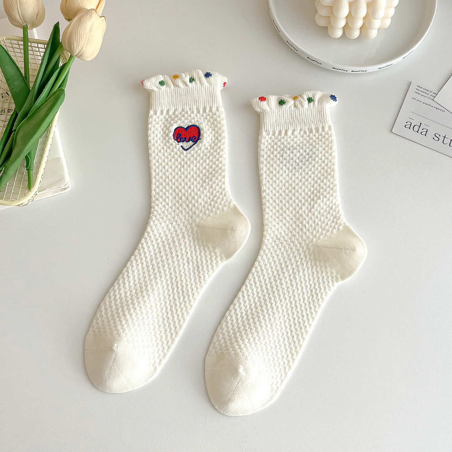 Cute Heart & Polka Dot Women's Cotton Socks - Versatile Style