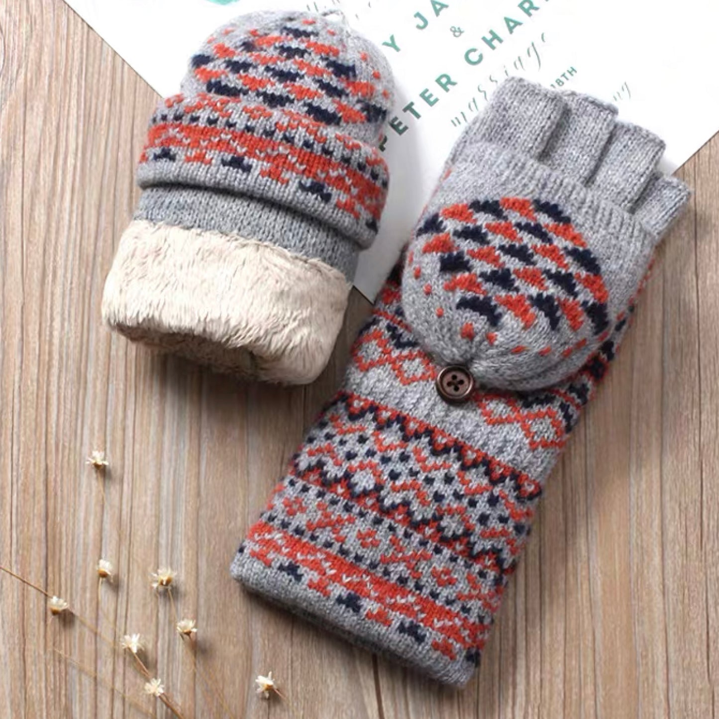 Woolen Half-Finger Gloves with Flip-Cover, Women's Winter Warmth