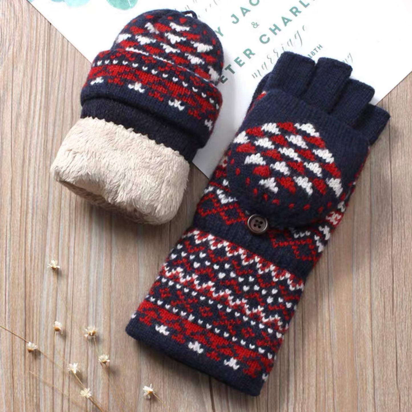 Woolen Half-Finger Gloves with Flip-Cover, Women's Winter Warmth