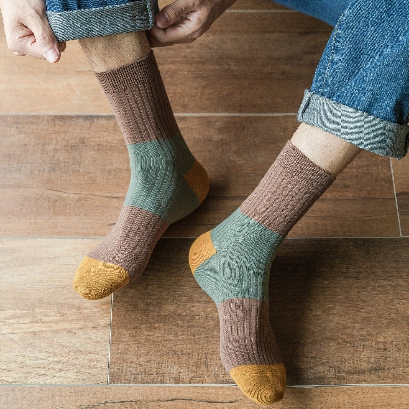 2-Pack Men's Casual Color Block Cotton Socks - Stylish & Comfortable