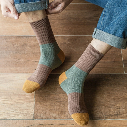 2-Pack Men's Casual Color Block Cotton Socks - Stylish & Comfortable
