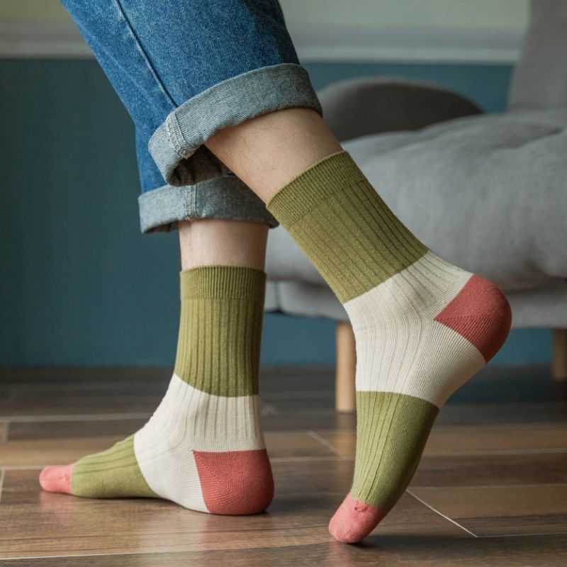 2-Pack Men's Casual Color Block Cotton Socks - Stylish & Comfortable