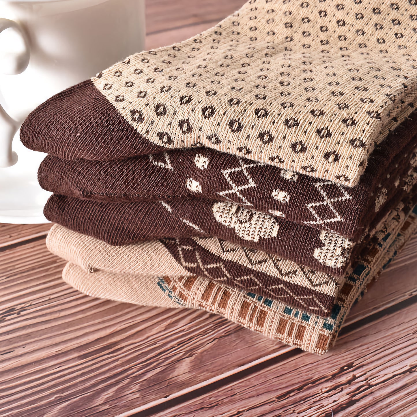 5-Pack Retro Coffee Brown Cotton Socks for Autumn/Winter