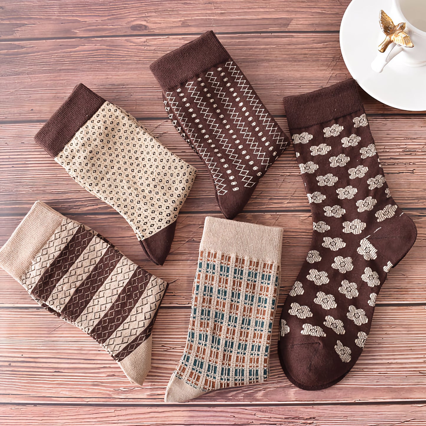 5-Pack Retro Coffee Brown Cotton Socks for Autumn/Winter