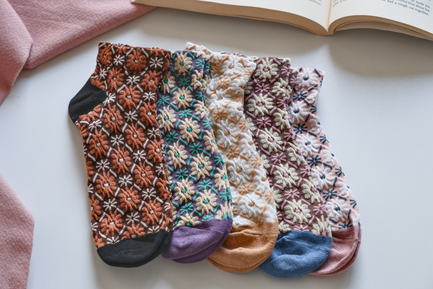 2-Pack Retro Floral Ankle Socks - Knitted Cotton Low Cut Socks