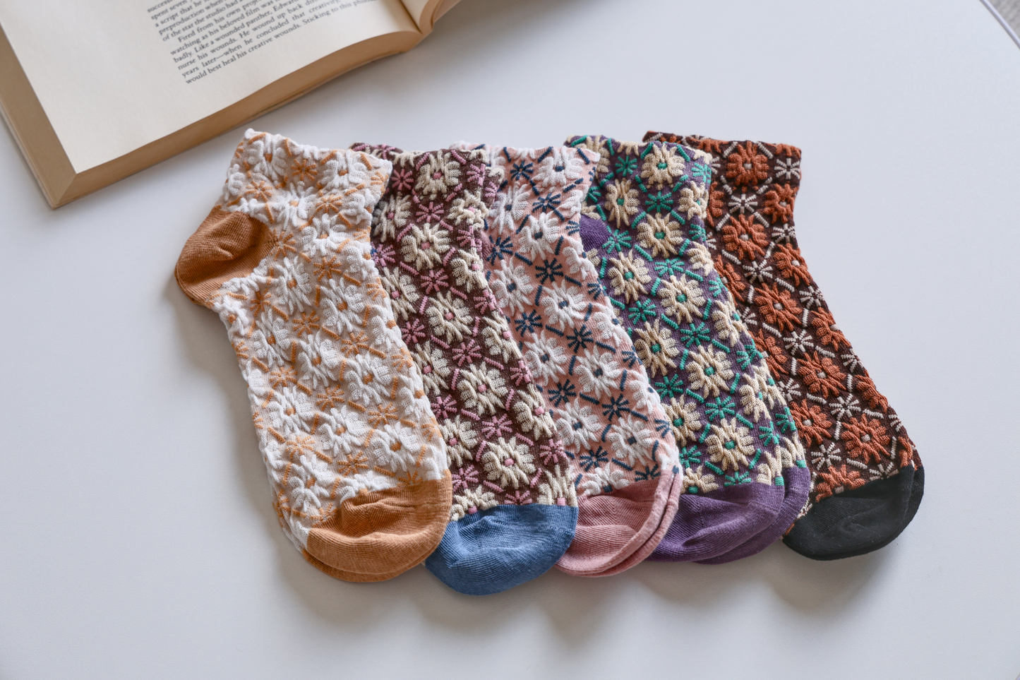 2-Pack Retro Floral Ankle Socks - Knitted Cotton Low Cut Socks