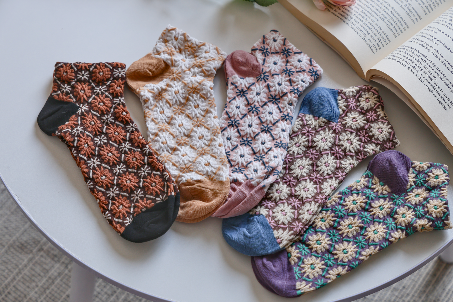 2-Pack Retro Floral Ankle Socks - Knitted Cotton Low Cut Socks