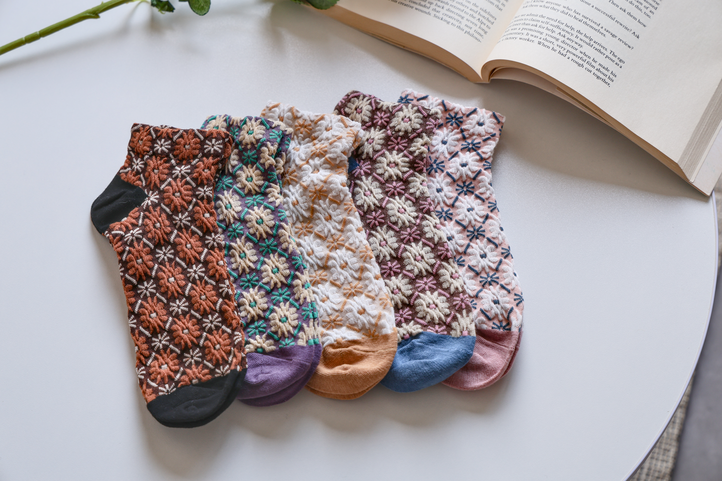 2-Pack Retro Floral Ankle Socks - Knitted Cotton Low Cut Socks