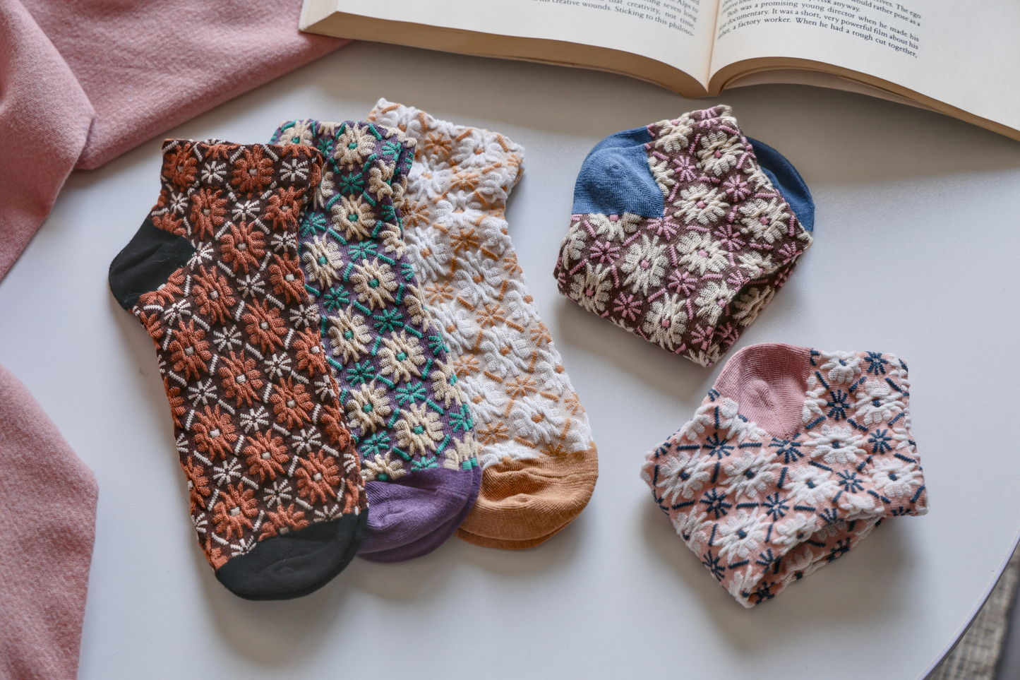 2-Pack Retro Floral Ankle Socks - Knitted Cotton Low Cut Socks