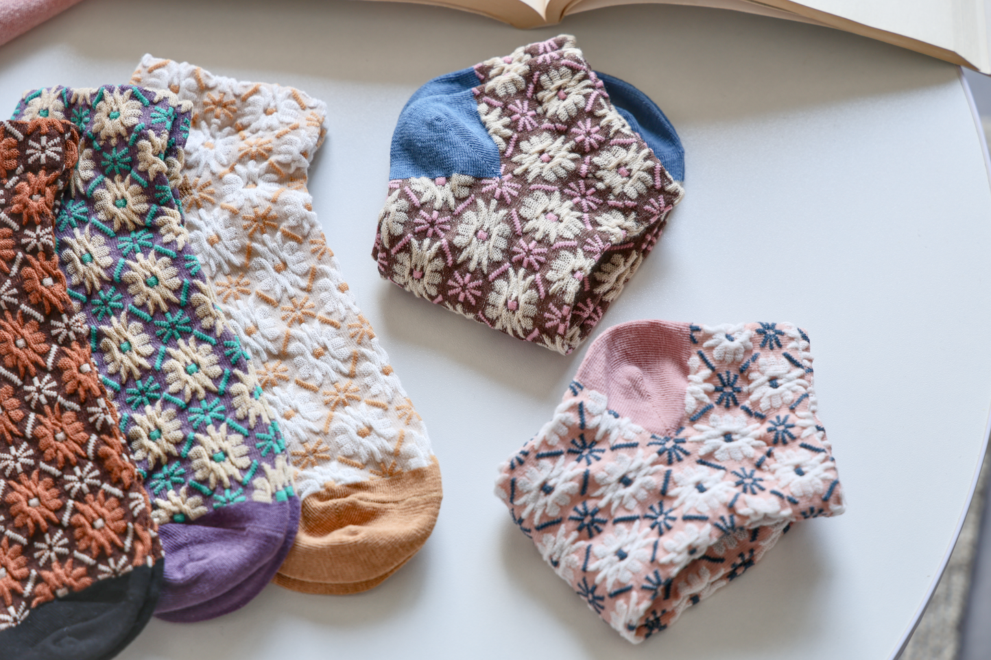 2-Pack Retro Floral Ankle Socks - Knitted Cotton Low Cut Socks
