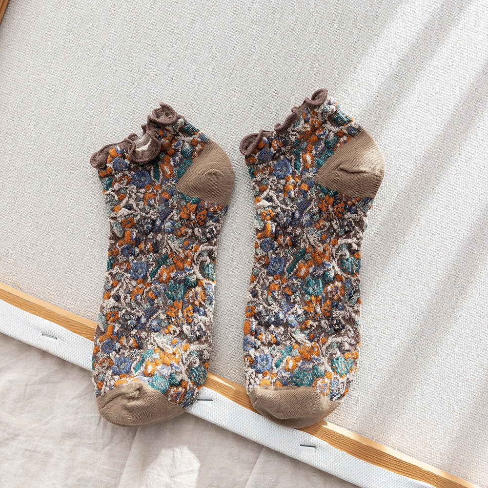 2-Pack Retro Floral Ankle Socks: Vintage Knitted Cotton Low Cut Elegance