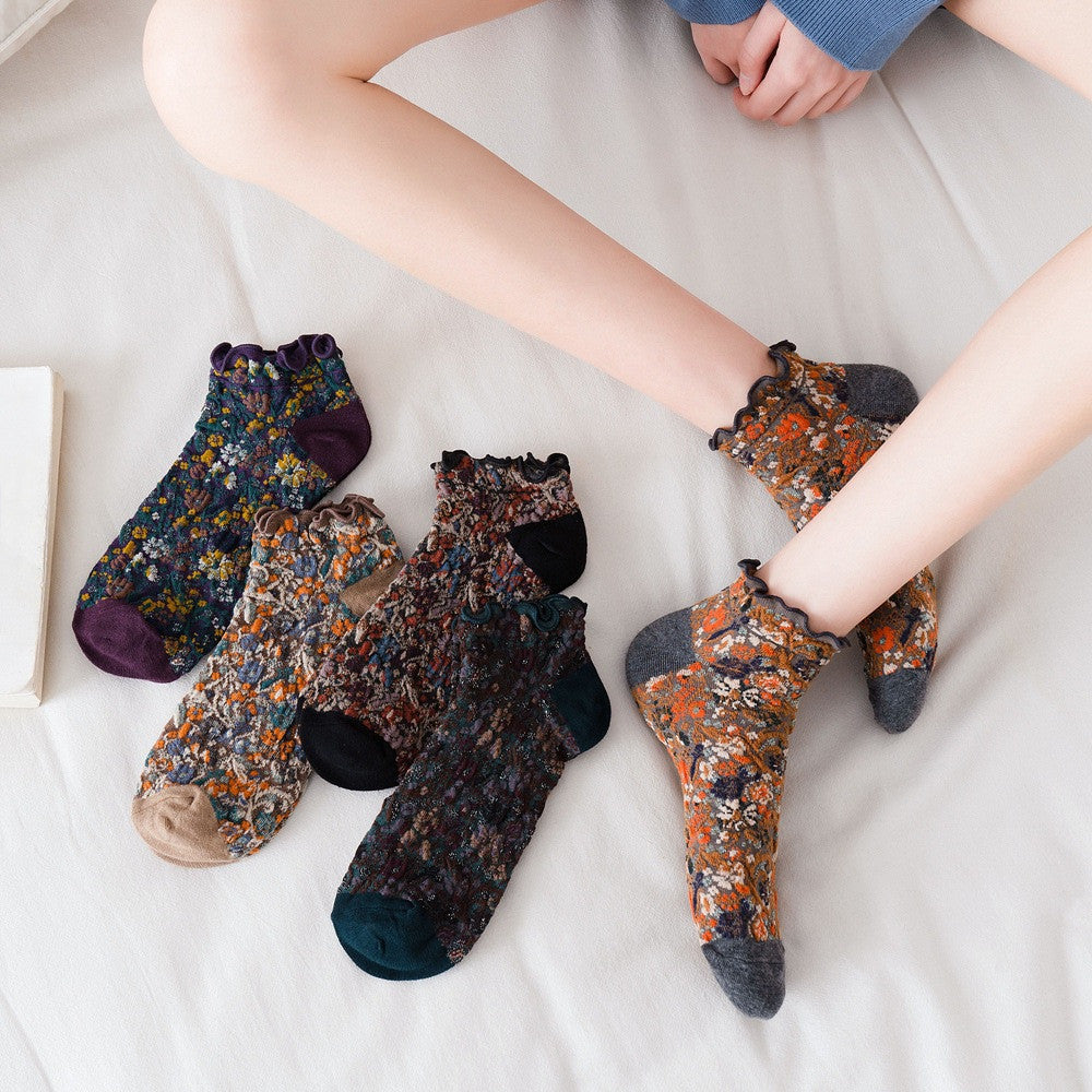 2-Pack Retro Floral Ankle Socks: Vintage Knitted Cotton Low Cut Elegance