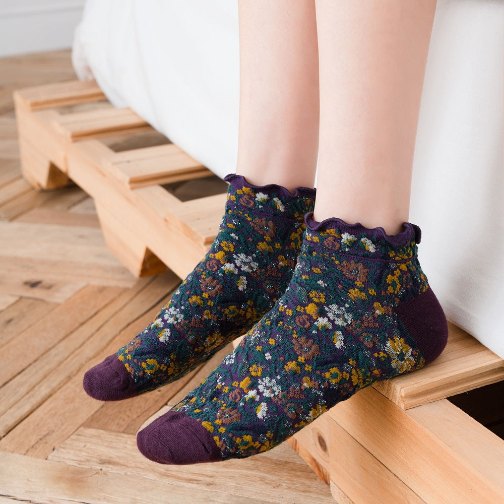 2-Pack Retro Floral Ankle Socks: Vintage Knitted Cotton Low Cut Elegance