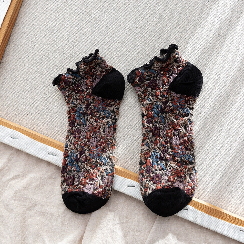 2-Pack Retro Floral Ankle Socks: Vintage Knitted Cotton Low Cut Elegance