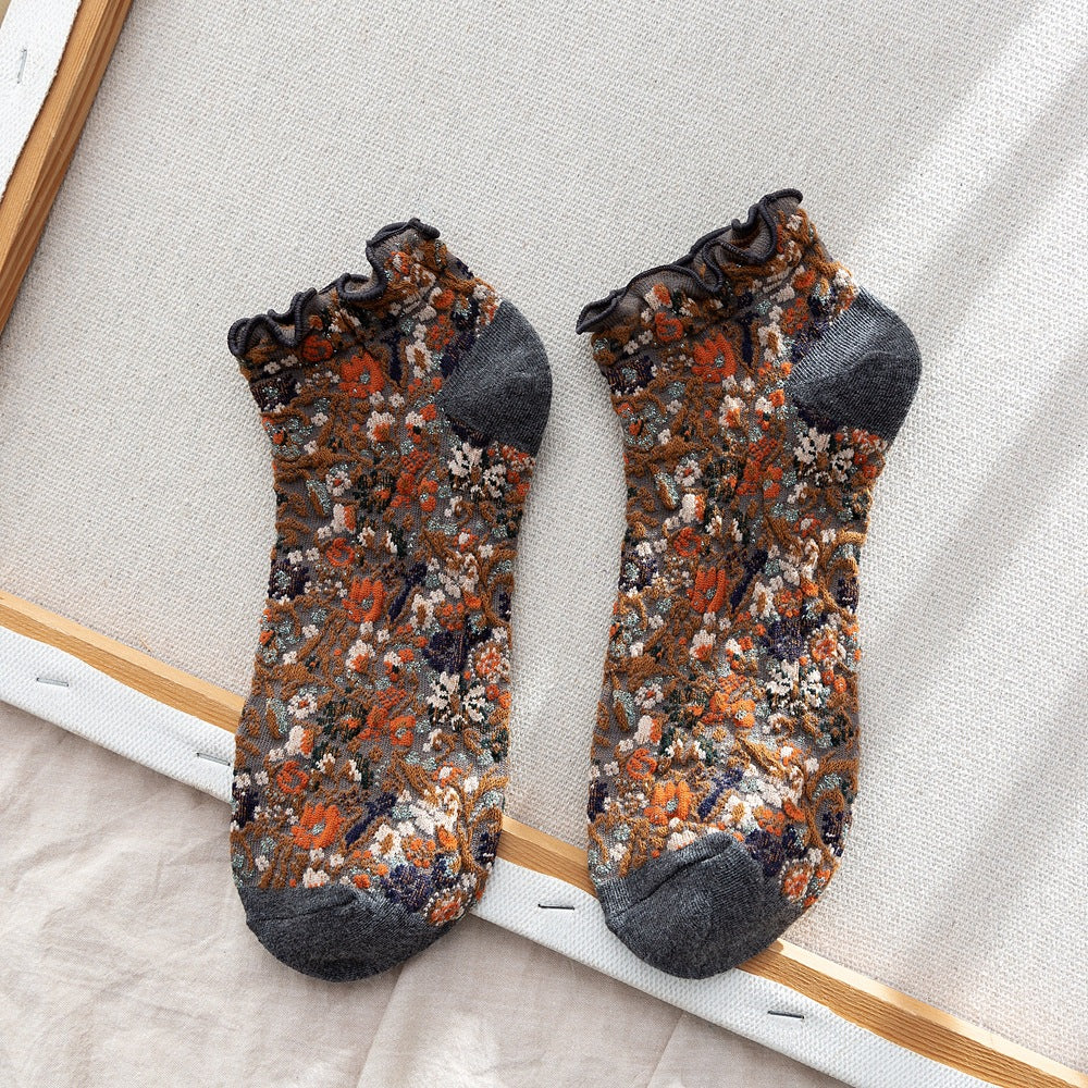 2-Pack Retro Floral Ankle Socks: Vintage Knitted Cotton Low Cut Elegance