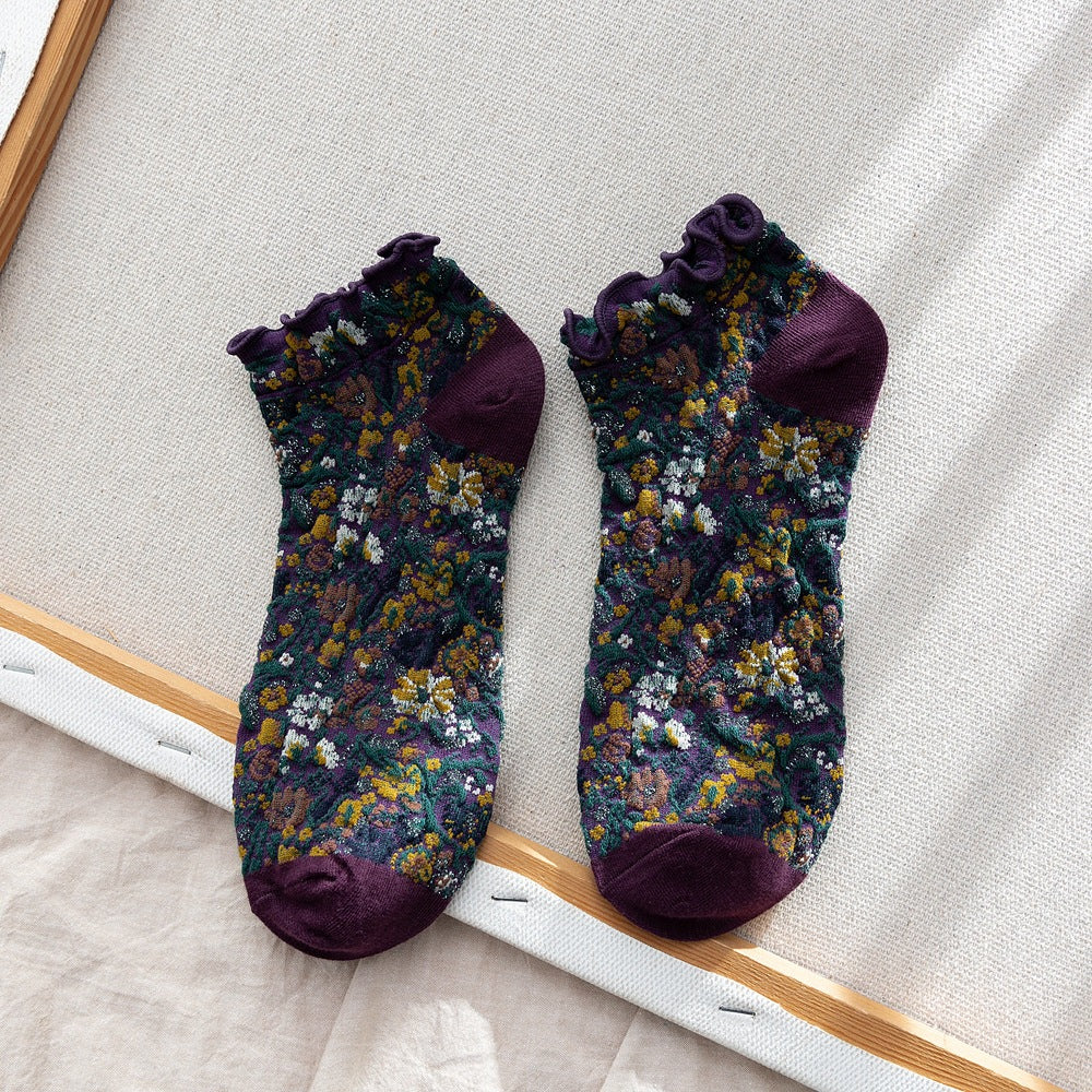 2-Pack Retro Floral Ankle Socks: Vintage Knitted Cotton Low Cut Elegance