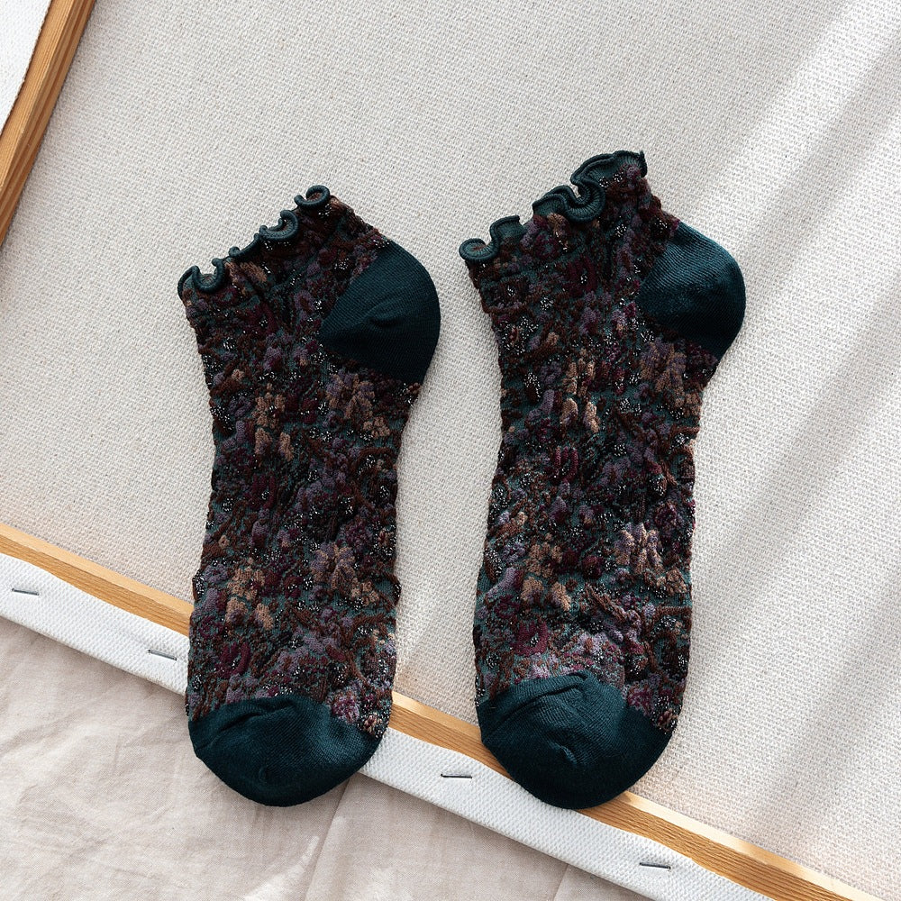 2-Pack Retro Floral Ankle Socks: Vintage Knitted Cotton Low Cut Elegance