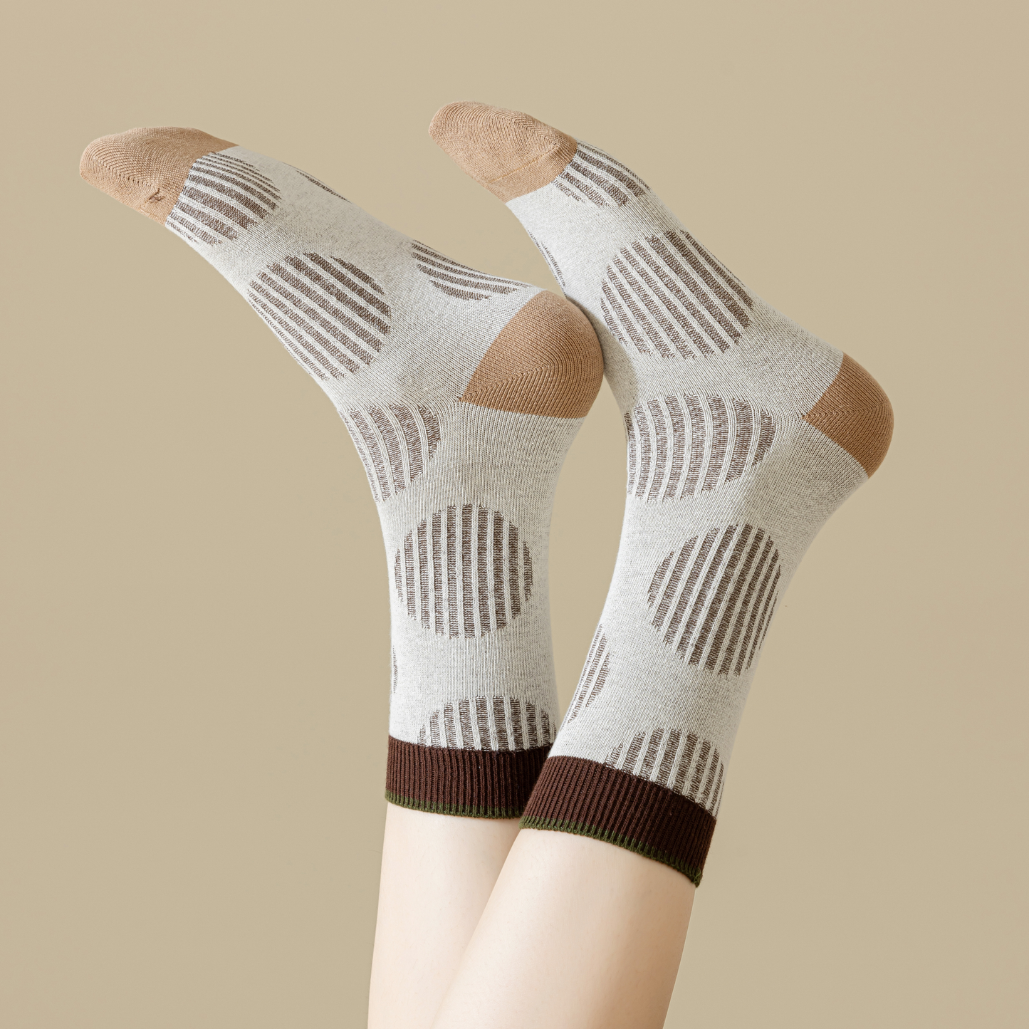 2-Pack Versatile Retro Green Coffee Cotton Socks for Women: Striped Design with Smiley Faces – Soft & Stylish