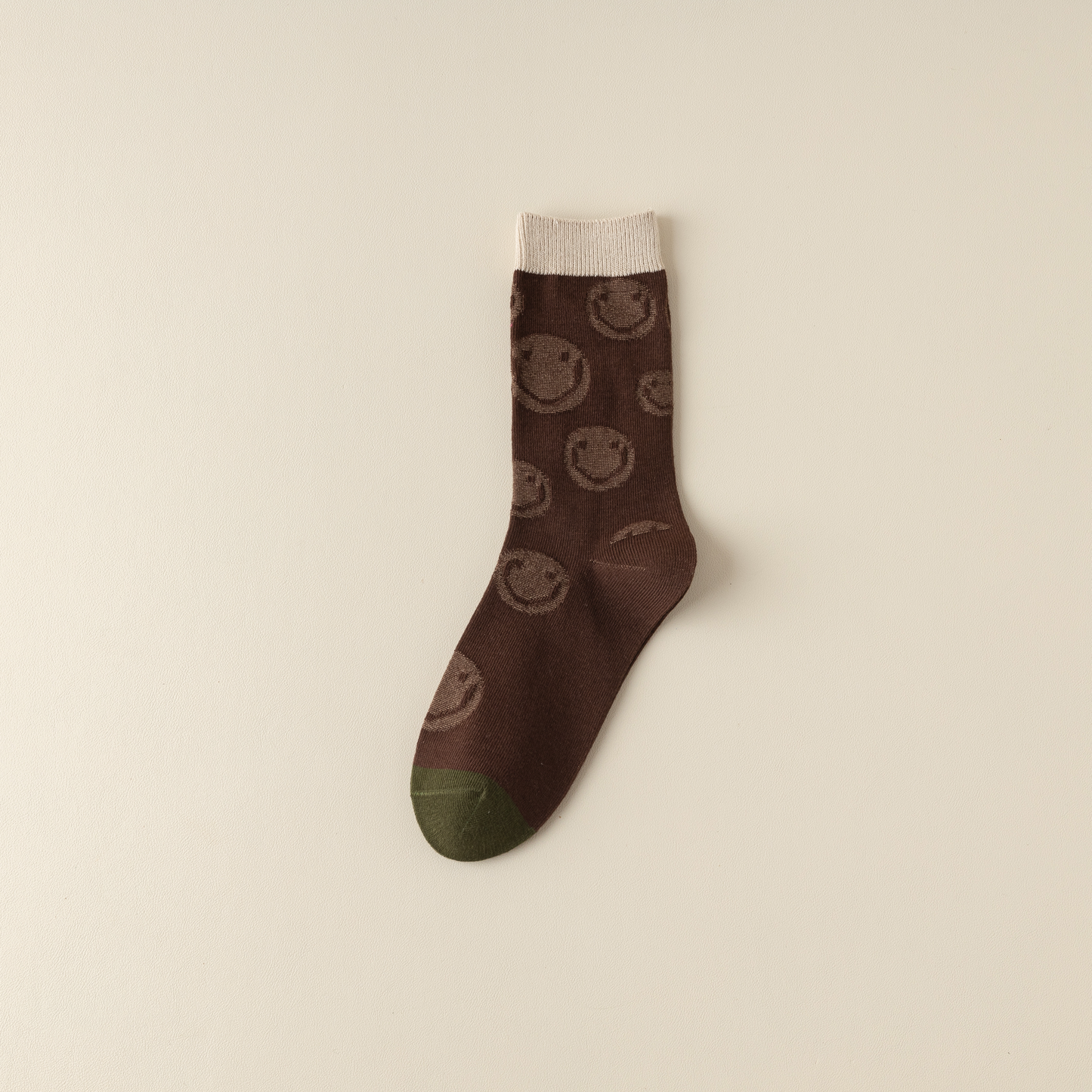 2-Pack Versatile Retro Green Coffee Cotton Socks for Women: Striped Design with Smiley Faces – Soft & Stylish