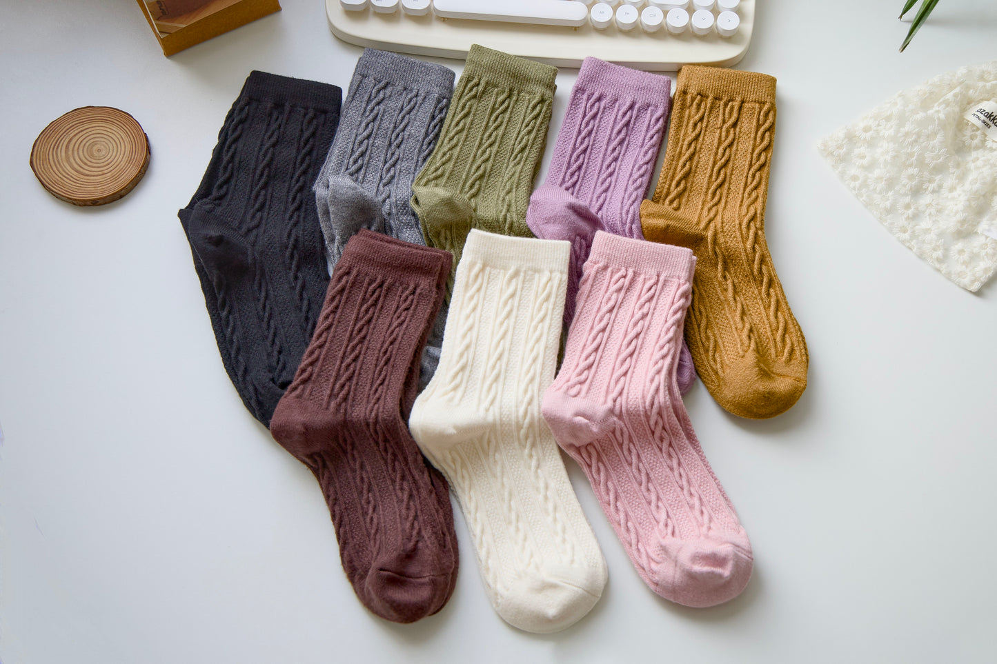 2-Pack Retro Warm Twist Socks - Solid Color Knitted Wool Elegance