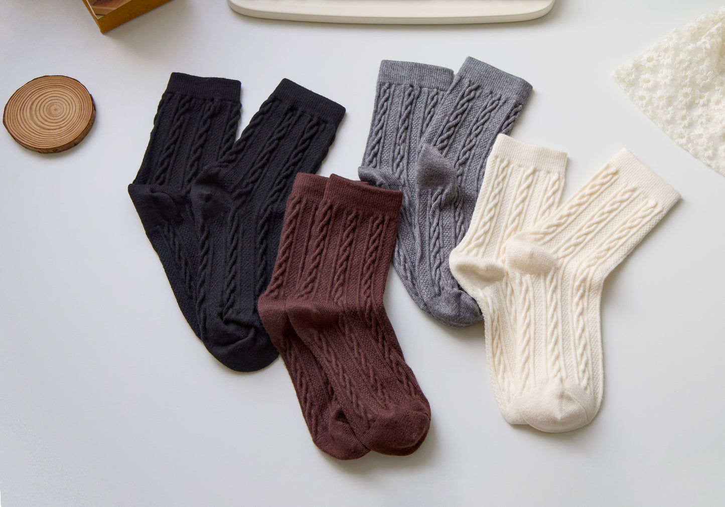 2-Pack Retro Warm Twist Socks - Solid Color Knitted Wool Elegance