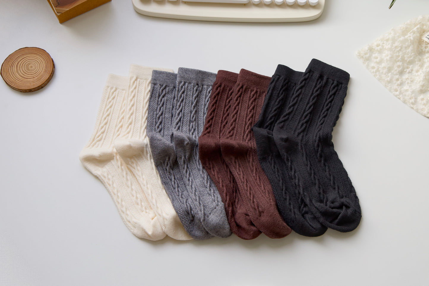 2-Pack Retro Warm Twist Socks - Solid Color Knitted Wool Elegance