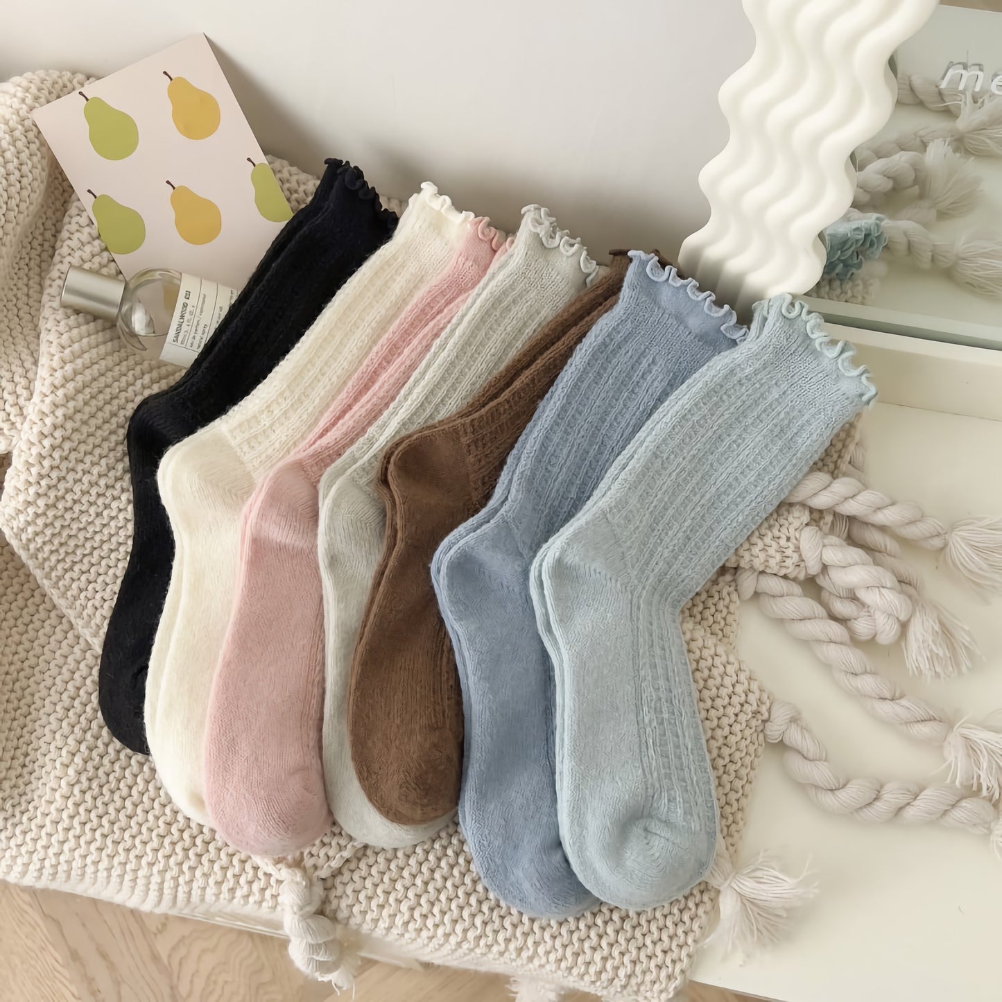 2-Pack Breathable Ruffle Socks: Warm Knitted Wool Crew Comfort