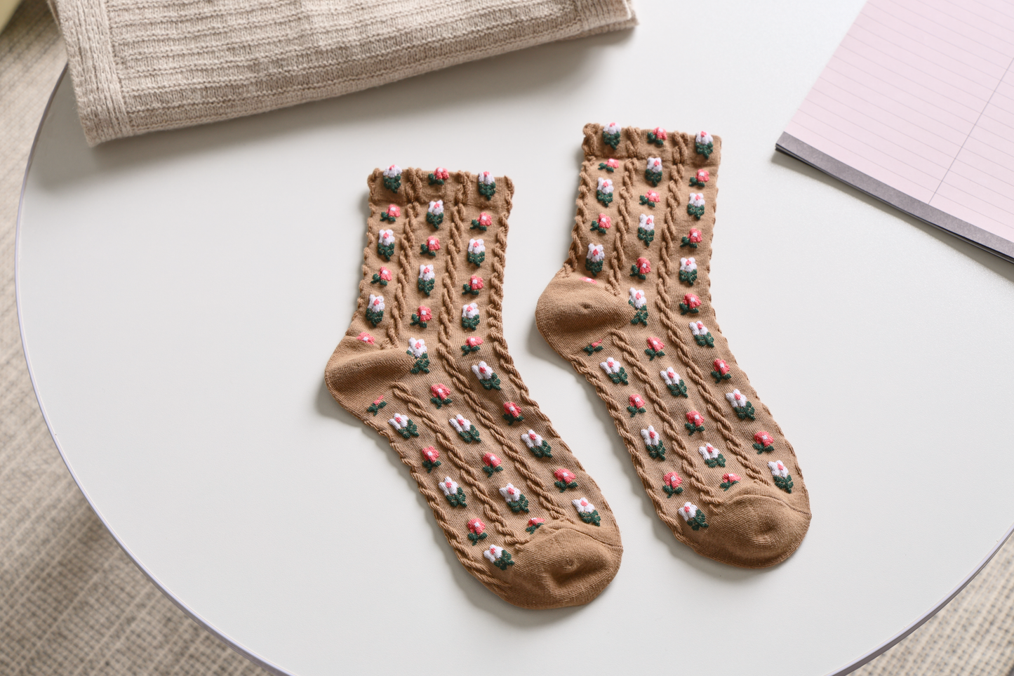 5-Pack Small Floral Socks: Soft Knitted Cotton Elegance for Women
