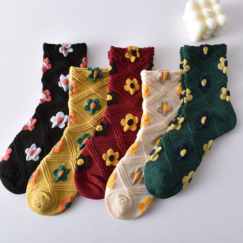 5-Pack Cute Floral Socks: Soft Knitted Cotton Elegance for Women